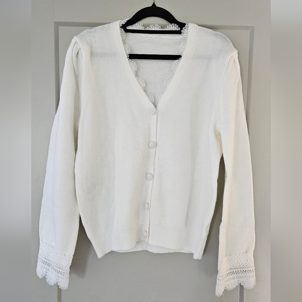 White Lace-Trimmed Women's Sweater
